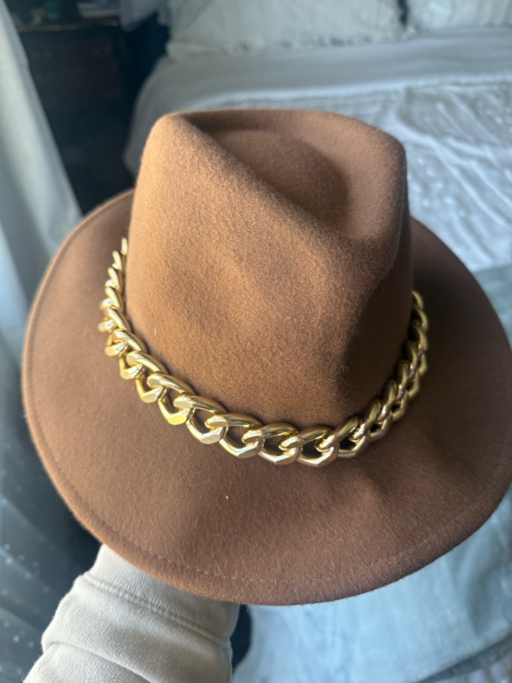 Aldo Brown Felt Fedora with Gold Chain Trim